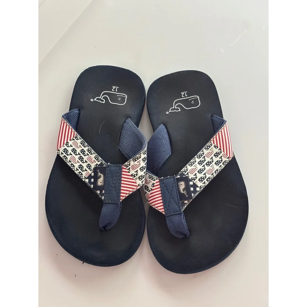 Vineyard Vines Boys Navy Blue Patriotic Flag Whale Flip Flop Sandals Size 12